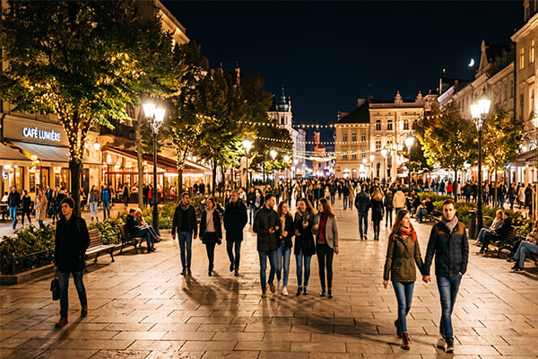 A well-lit public plaza at night with people walking comfortably